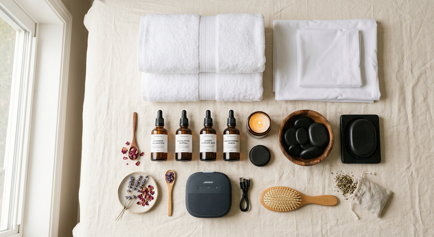 Professional mobile spa kit with towels, oils, candles and hot stones
