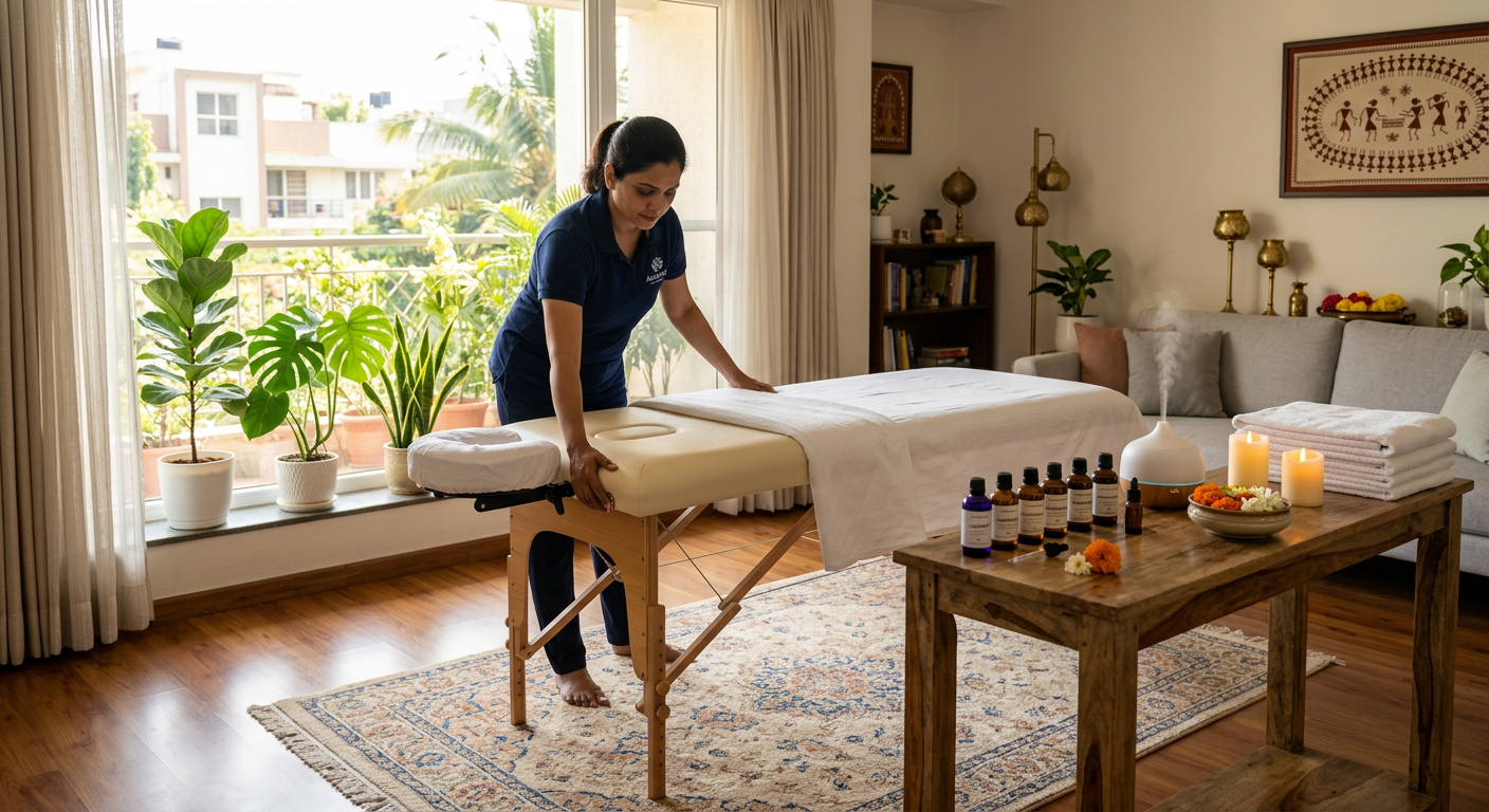 Therapist setting up a portable massage table in a cozy living room