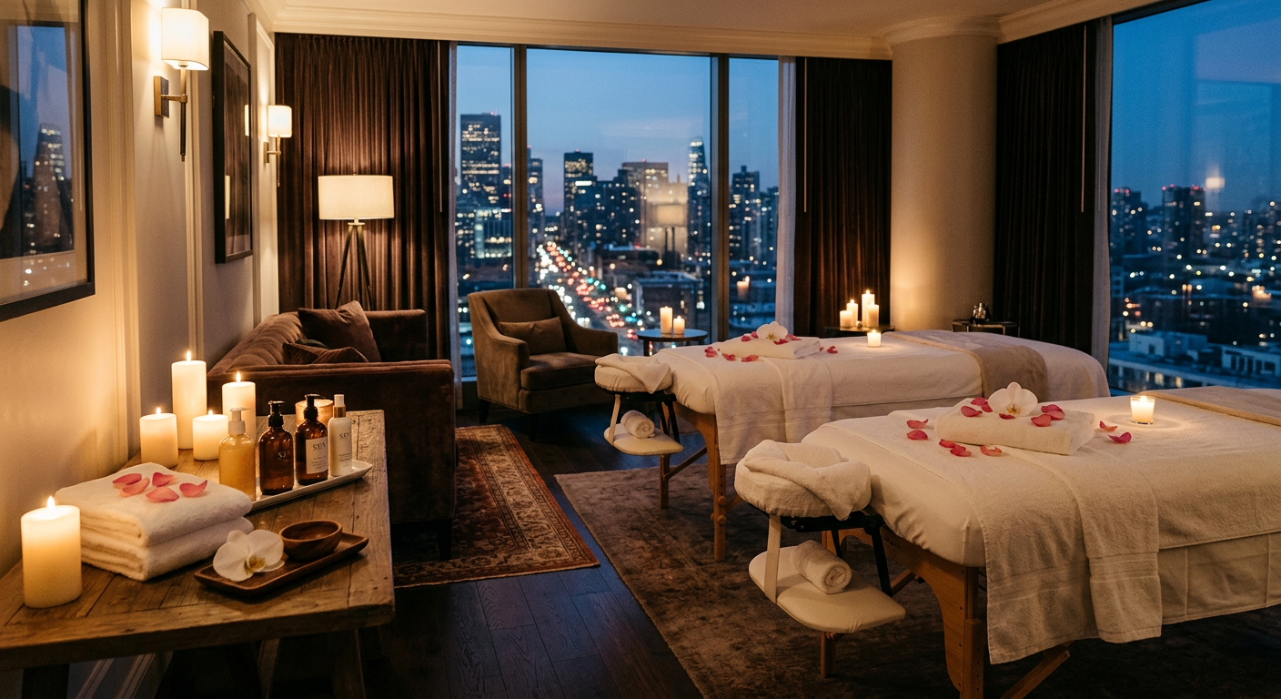 Luxury hotel suite prepared for an in-room spa massage at night